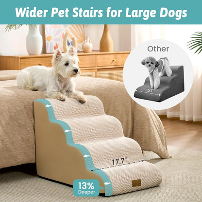 Wide Dog Stairs for Small Dog 19.7" H, Pet Step for Puppy, Older Cat, Curved Ramp for High Bed or Car, Stairs with High Density Foam, Lightweight, Durable, 4 Step, 17.7x28x19.7 inch, Beige