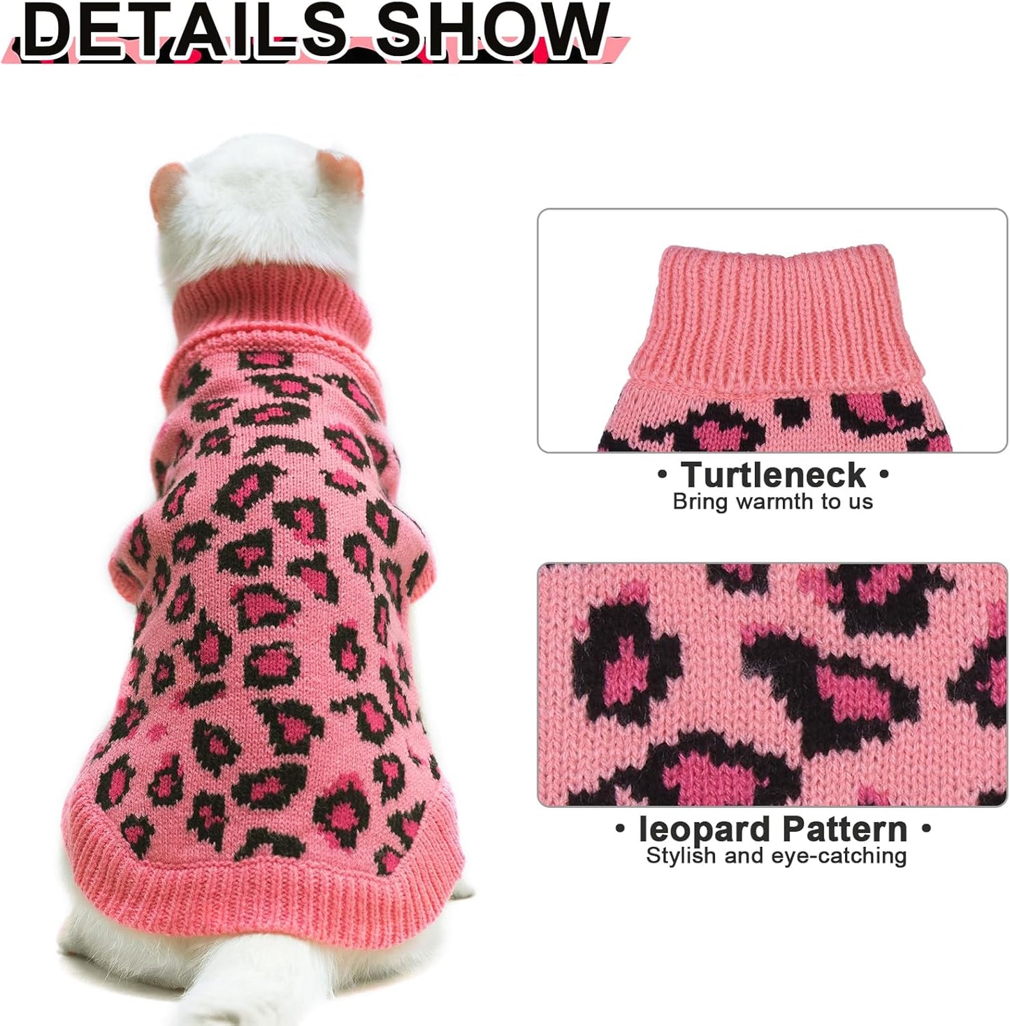Mihachi Winter Warm Cat Sweater Turtleneck Puppy Pets Sweater Knit Vest Fashion Leopard for Cats Puppy Small Animals Pink Medium