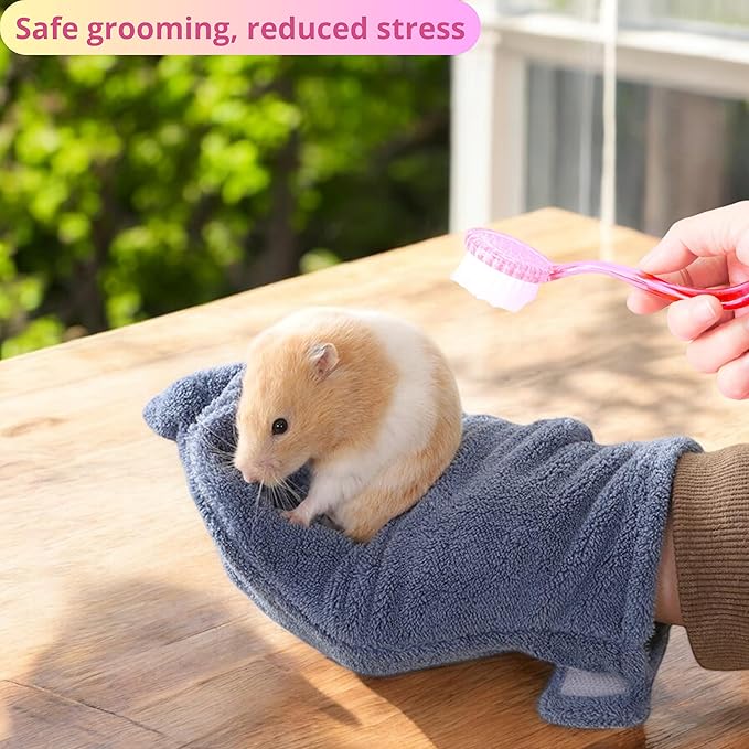 Hamster Calming Bite Proof Gloves and Grooming Brush Set, Hamster Bite Resistant Gloves Massage Brushes, Anti-Bite Glove Grooming Supplies For Small Animals Rabbit Rat Sugar Glider (Pink)