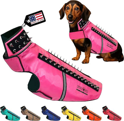 CoyoteVest SpikeVest Dog Harness Vest for Small Dogs, Reflective Dog Vest with Spikes to Shield Your pet from Coyotes, Raptor and Animal Attacks, Anti Hawk Vest, Made in USA (L-Pink)