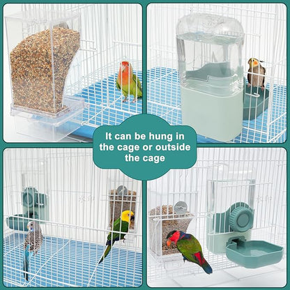 No Mess Bird Feeder Water Dispenser Set, Automatic Parrot Feeder Drinker Cage Accessories, for Parakeets, Cockatiels, Budgies, Macaws, Lovebirds, Canaries - Cage Mounted/External Hanging (Aqua)