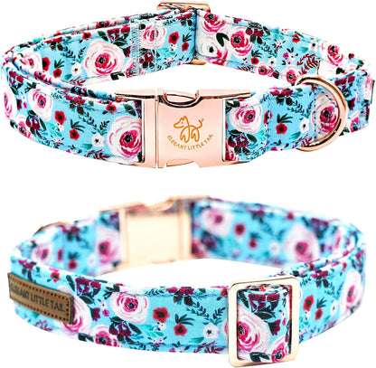 Elegant Pink Floral Print Summer Dog Collar - Cotton, Durable, Metal Buckle for X-Large Dogs