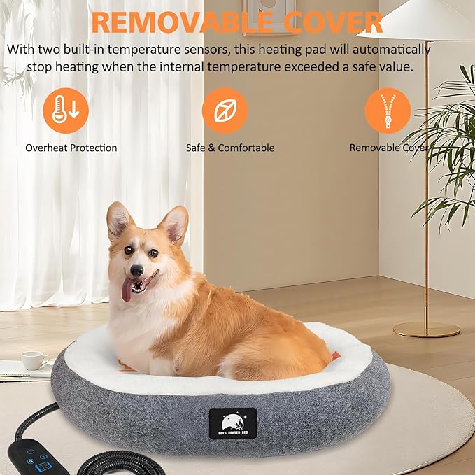 Heated Cat Bed for Small Cats, 19" Soft & Cozy Donut Pet Bed with Timer & Temp Adjustable Heating Pad for Indoor Kitten, Electric Warmer(A) (Gray)