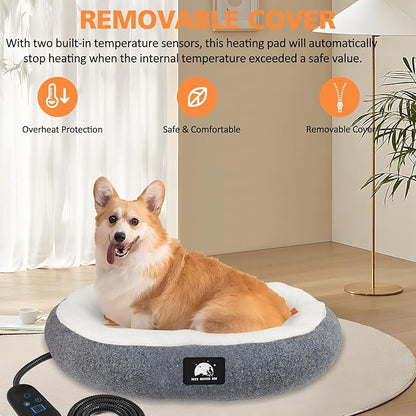 Heated Cat Bed for Small Cats, 19" Soft & Cozy Donut Pet Bed with Timer & Temp Adjustable Heating Pad for Indoor Kitten, Electric Warmer(A) (Gray)