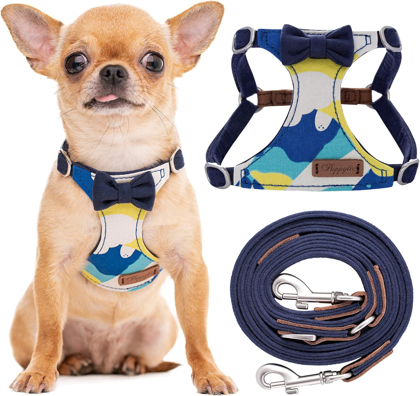 Puppytie No Pull xs Dog Harness with Multifunction Dog Leash,Soft Adjustable No Choke Escape Proof Pet Harness Vest,Suede Bow Navy,XXS