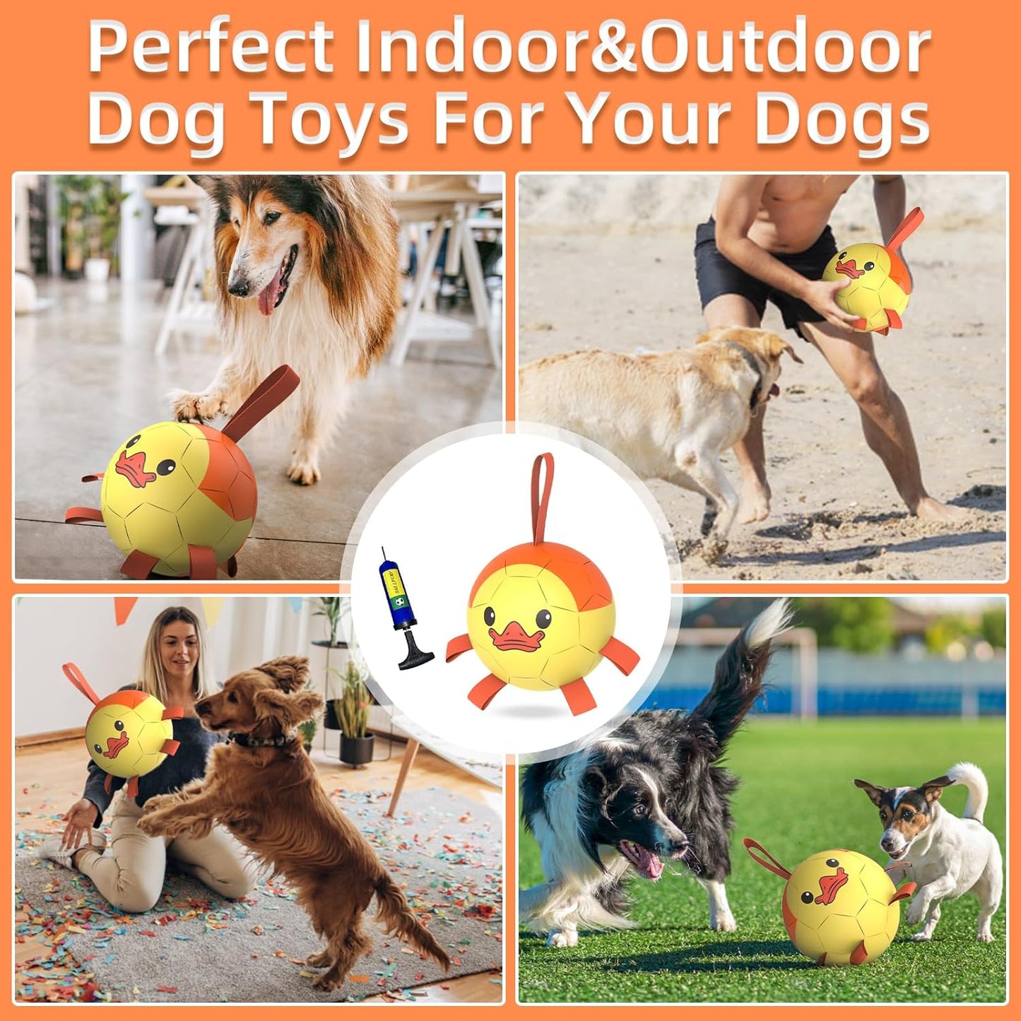 QDAN Dog Toys Soccer Ball with Straps, Interactive Dogs Toys for Tug of War, Puppy Birthday Gifts, Dogs Tug Toy, Dog Water Toy, Durable Dog Balls for Medium & Large Dog - Duck（8 Inch）