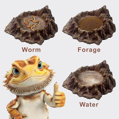 Rockery Reptiles Food Bowl,Amphibian Feeding Bowl Landscaping Tank Accessory,Small Pets Water Dish Terrarium Decor for Lizards,Gecko,Chameleon,Snake,Tortoise,Brown,1 Piece