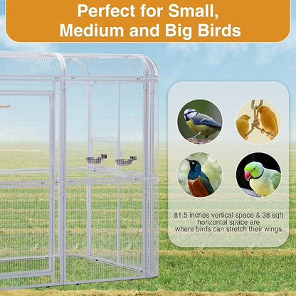 Large Walk-in Cage 87-inch Heavy Duty Bird Cage Outdoor Aviary Parrot Cage Wide Flight Metal Birdcage with Stand for Macaw Budgie Conure Lovebird Parakeet Cockatiel, 7.22x5.25x6.8ft, White