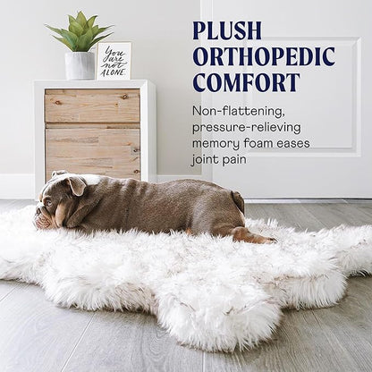 PAW Brands PupRug Orthopedic Dog Bed for Large Dogs with Fluffy Soft Faux Fur and Memory Foam for Joint Pain Relief, Machine Washable and Waterproof Couch Bed, White with Brown Accents, Medium