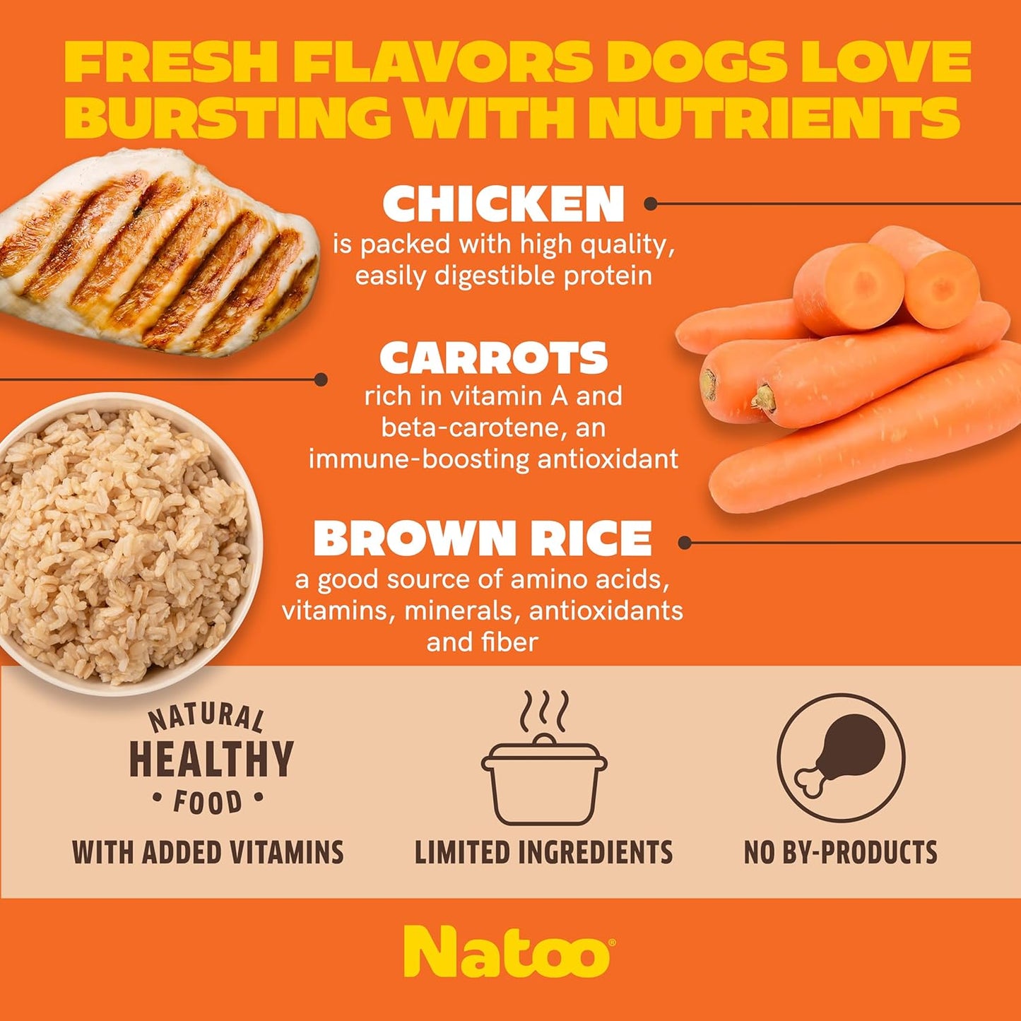 Natoo Dog Food Topper for Picky Eaters, Dog Treat (Chicken, Carrot, Brown Rice, & Quinoa) Dog Toppers for Dry Food, Wet Meal Toppers for Dogs & Puppies, Limited Ingredient Dog Food (Case of 20) 3oz Ea