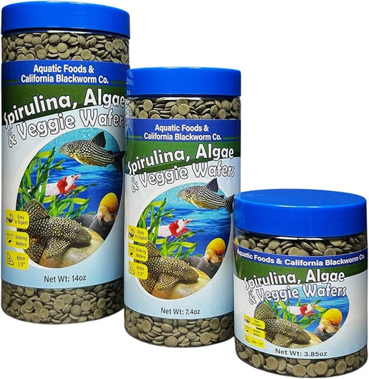 Aquatic Foods Inc. 8mm - 1/3" Small Sinking Wafers of Spirulina, Algae for Bottom Fish, Plecos, Catfish, Shrimp, Snails, Crabs & Tropicals. 4-Type Wafer & 12-Type Pellet Mix Included..5oz Canister