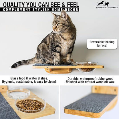 Cat Wall Shelves – Cat Wall Climber with Scratching Post, Removable Bed, Climbing Steps, and Feeding Terrace with Glass Bowls, Waterproof Rubberwood Pet Furniture