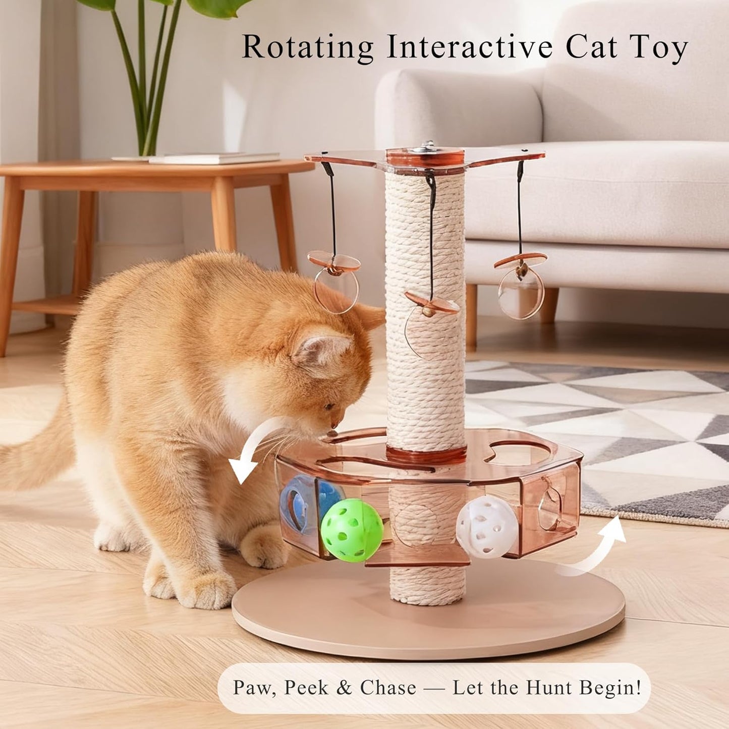 Modern 3-in-1 Interactive Cat Toy with Scratching Post, Rotating Cat Puzzle Toys for Indoor Cats with Colorful Jingle Balls, Spinning Teaser Disc with Dangling Toys, Acrylic, Pink