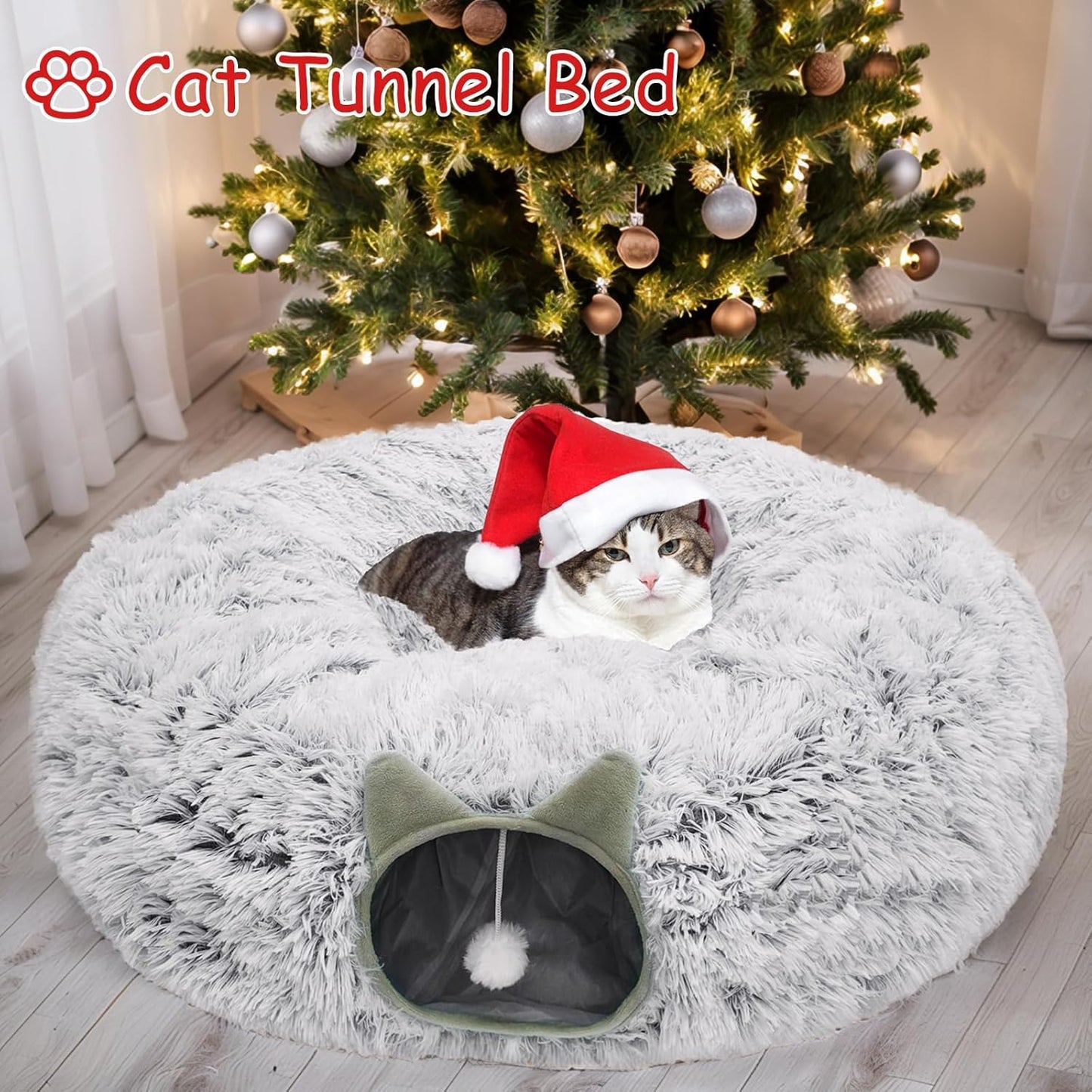 Cat Tunnel Bed for Indoor Cats, Soft Plush Donut Peekaboo Cat Cave, Multifunctional Playground Toy for Small Medium Large Cats, Kittens, Rabbits, Ferrets, with Washable Cushion(Grey)