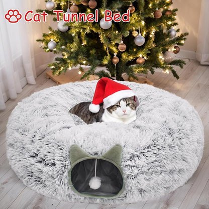 Cat Tunnel Bed for Indoor Cats, Soft Plush Donut Peekaboo Cat Cave, Multifunctional Playground Toy for Small Medium Large Cats, Kittens, Rabbits, Ferrets, with Washable Cushion(Grey)