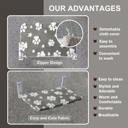 Cat Window Perch, Foldable Cat Window Hammock with Cute 3D Textured Paw Cover and Strong Suction Cups, Cordless Window Seat Bed for Indoor Cats (Grey, Large)