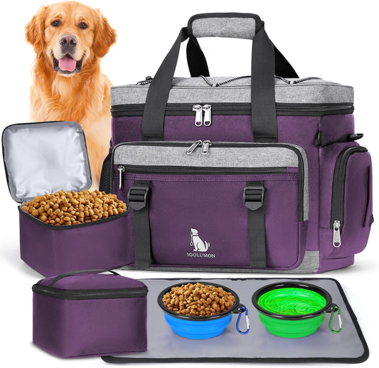 IGOLUMON Dog Travel Bag Large Pet Travel Bags Set for Supplies Weekend Travel Kit Tote Organizer Multi-Pockets Dog Food Travel Bag with 2 Large Food Containers, 2 Dog Bowls, 1 Feeding Mat, Purple