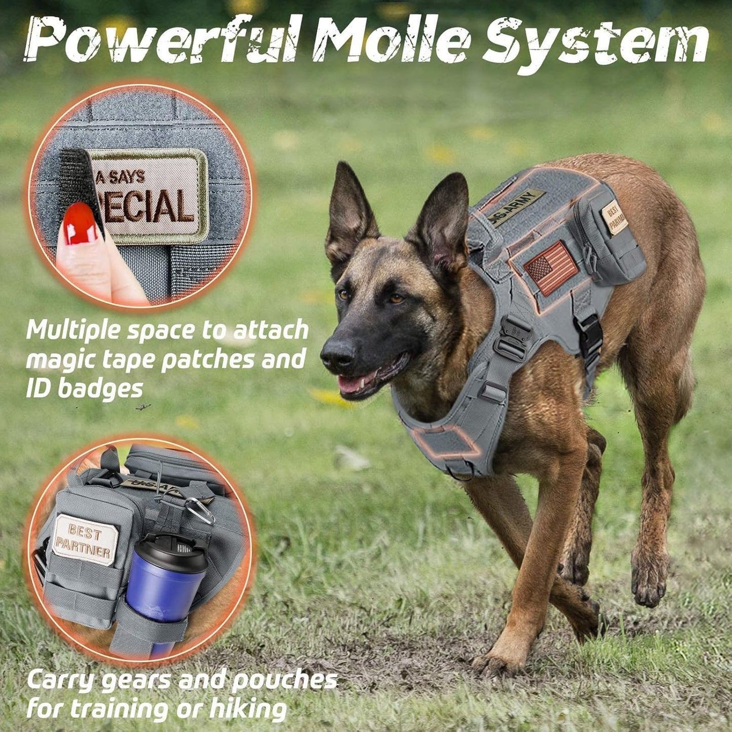 rabbitgoo Tactical Dog Harness for Large, Heavy Duty Pet Harness with Handle, No-Pull Service Vest Large Breed, Adjustable Military Dog Vest for Training Hunting Walking, Grey, L