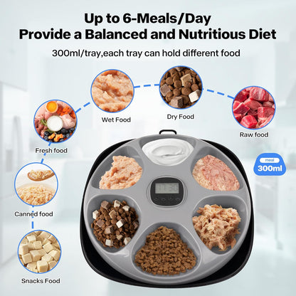 PetPrime 6-Meal Automatic Cat Feeder with Two Ice Packs,Cordless Rechargeable Cat Food Dispenser for Cats and Small Dogs Wet Food Auto Pet Feeder Black