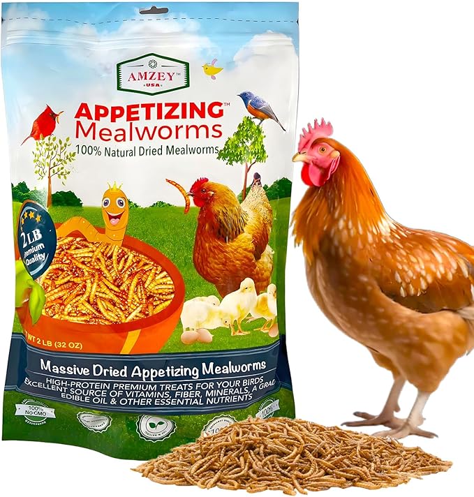 Amzey Dried Mealworms 2 LB, 100% Natural Meal Worms for Chicken & Birds, Organic Chicken Feed for Laying Hens, High Protein and Nutrition, Zipped Bag