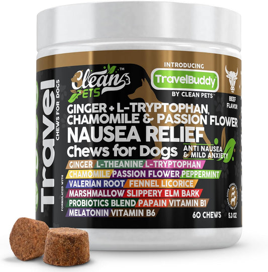 Travel Chews Nausea Relief for Dogs | Ginger L-Tryptophan Chamomile Passion Flower L-Theanine Peppermint Valerian Root Fennel Licorice Root Marshmallow Root Slippery Elm Melatonin Chew