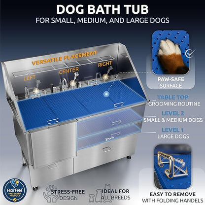 KANIS Professional Dog Washing Station - 304 Stainless Steel Pet Wash Sink & Grooming Bathtub w/Shower, Floor Grates and Storage for Large, Medium & Small Pets (61", 2 Drawers - Left Ramp)