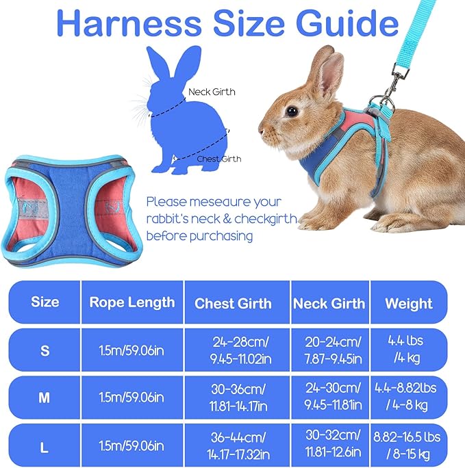 Adjustable Bunny Harness and Leash Set, Double Buckles Breathable Mesh Rabbit Vest with Reflective Strips, Escape Proof Small Pet Walking Training Gear for Rabbits, Kittens, Ferrets, Guinea Pigs (M)