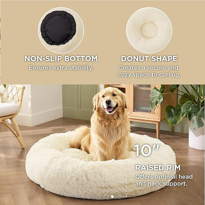 Bedsure Calming Dog Bed for Extra Large Dogs - Donut Washable Large Pet Bed, Anti-Slip Round Fluffy Plush Faux Fur Dog Bed, Fits up to 120 lbs Pets, Ivory Beige, 45 inches