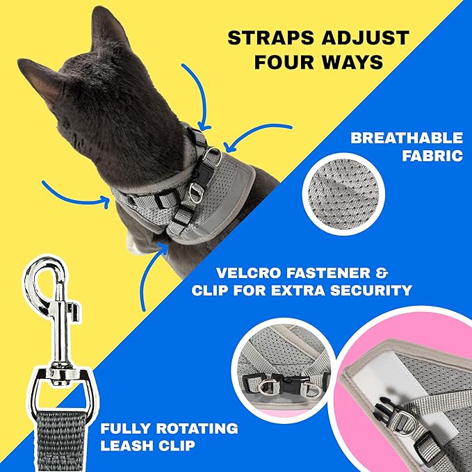 Travel Cat Harness and Leash Set - Adjustable Fit Mesh Cat Harness and Reflective Strap - Comfort Walking Vest for Kitten for Outdoor Walking, Hiking (Large, Grey)