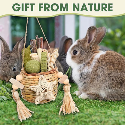 Natural Reedgrass Chew Toy Basket for Small Pets – Hanging Rodent Dental Toys with Hay Lollipop, Apple Sticks, Sweet Bamboo (Hamsters, Rabbits, Chinchillas, Guinea Pigs)