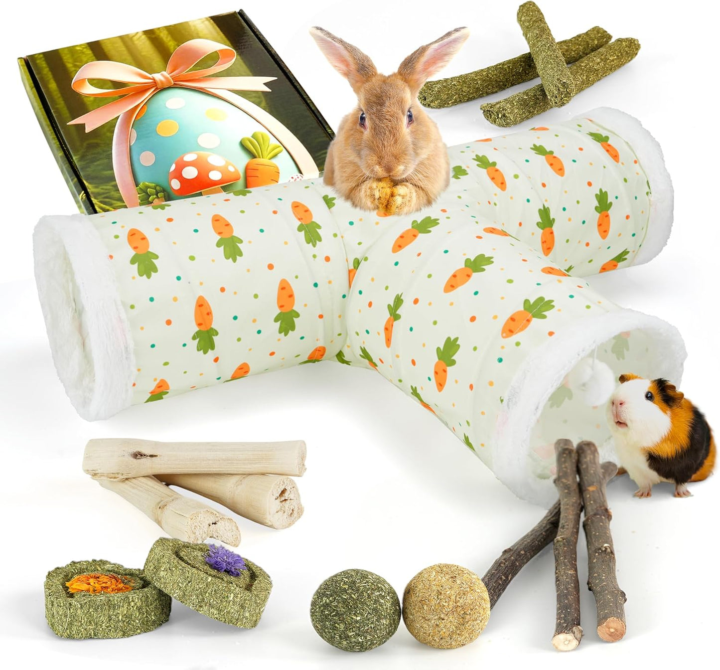 Bunny Tunnels & Tubes Collapsible 3 Way Rabbit Hideout with 13pcs Toys for Bunny Guinea Pig Hamster Chinchilla Hedgehog Rat Ferret Kitten (Fleece Carrot)