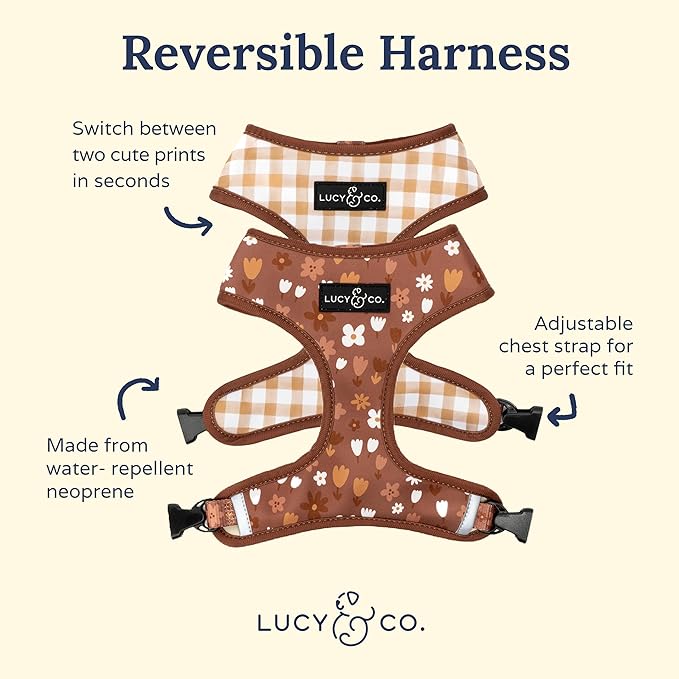Lucy & Co. Cute Reversible Dog Harness Walking Halter - Best Designer Pet Harnesses for XS - XL Dogs - Padded Adjustable Vest for Easy Walking (X-Large, Chocolate Meadows - Brown & White Floral)