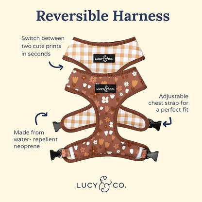 Lucy & Co. Cute Reversible Dog Harness Walking Halter - Best Designer Pet Harnesses for XS - XL Dogs - Padded Adjustable Vest for Easy Walking (Medium, Chocolate Meadows - Brown & White Floral)