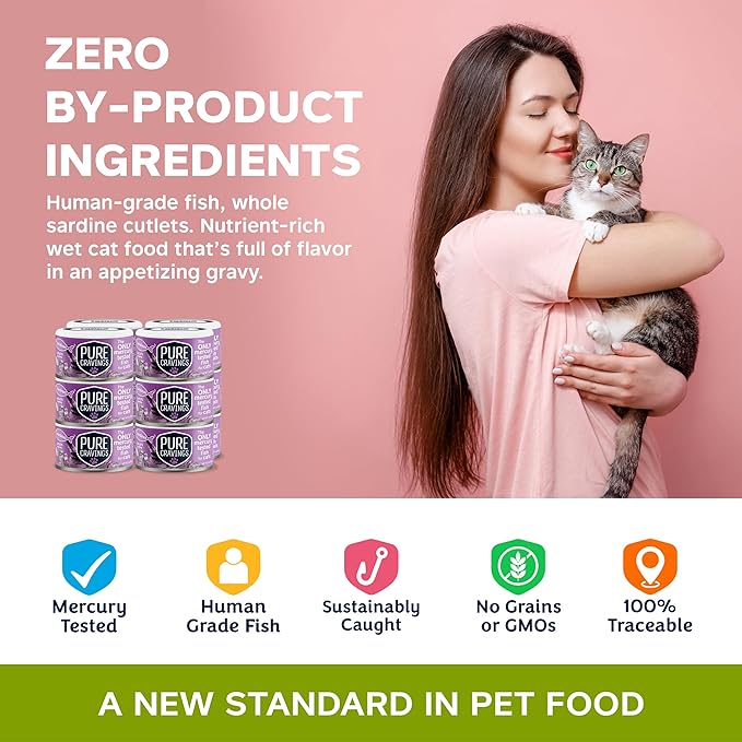 Pure Cravings Wet Cat Food Canned Sardines Cutlets in Gravy, Every Catch is Mercury-Tested, Moist Can Fish for Cats, Grain-Free, Protein, Non-GMO, Pack of 12