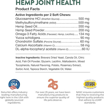 NaturVet Hemp Joint Health, Joint Care Support Supplement for Dogs, Soft Chews, 60ct Made in The USA