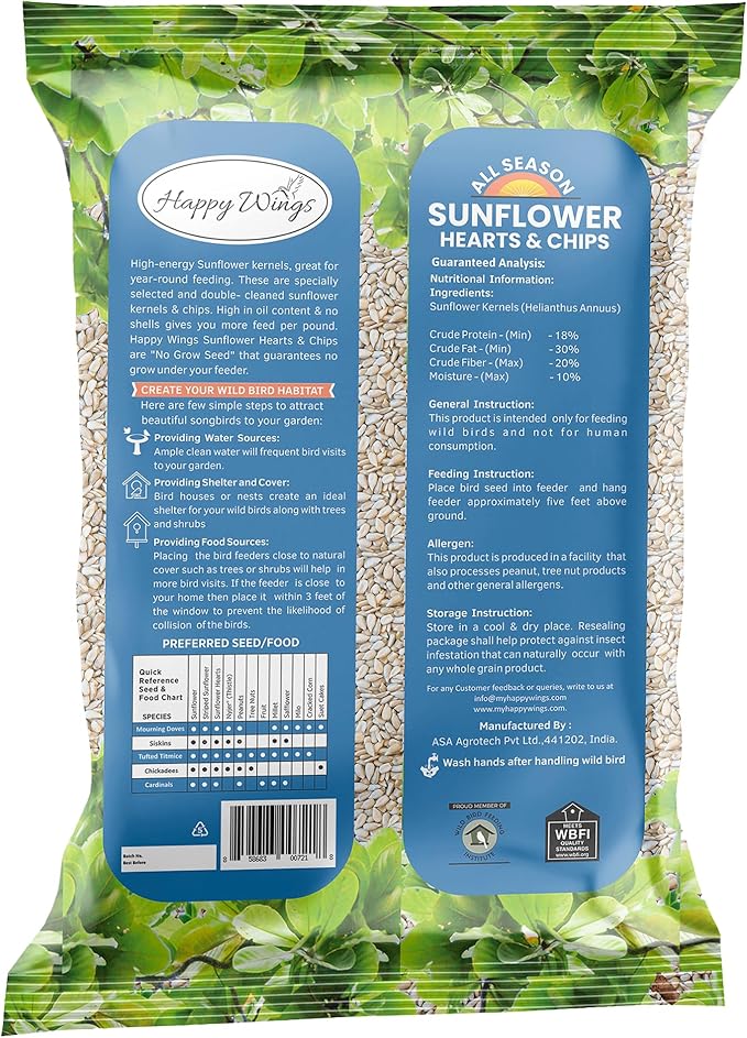 Happy Wings Sunflower Hearts & Chips - Sunflower Kernels and Chips Bird Food - 5 Lb No Mess, No Waste I No Grow Seed | Bird Seed for Wild Birds