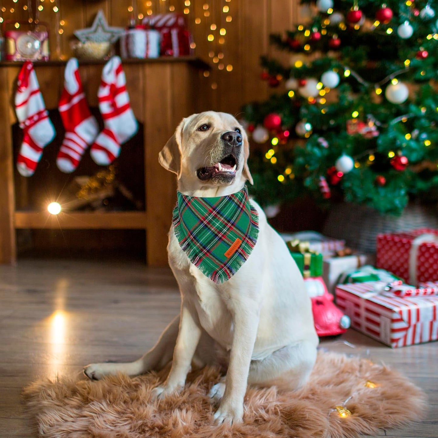 ADOGGYGO Christmas Dog Bandanas with Tassels, Stylish Plaid Dog Scarf Bib, Premium Cotton Fabric, Red Green Christmas Bandanas for Large and Extra Large Dogs Pets (X-Large)