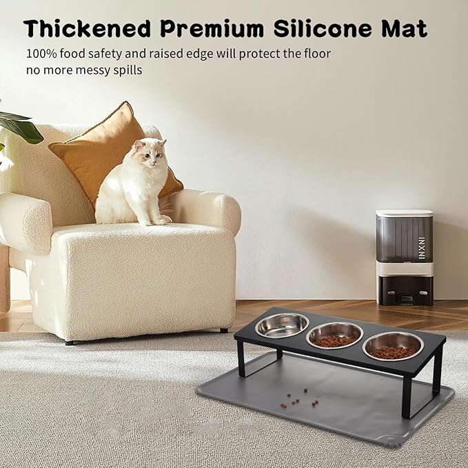 Upgraded Elevated Cat Bowls with Food Mat,15°Tilted Stand Anti Vomiting Raised Cat Dishes for Food and Water,3 Stainless Steel Bowls for Cats and Puppy（Black）