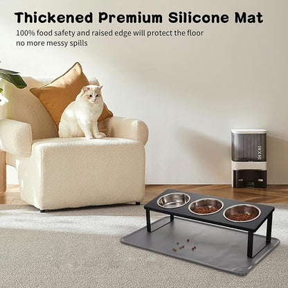 Upgraded Elevated Cat Bowls with Food Mat,15°Tilted Stand Anti Vomiting Raised Cat Dishes for Food and Water,3 Stainless Steel Bowls for Cats and Puppy（Black）