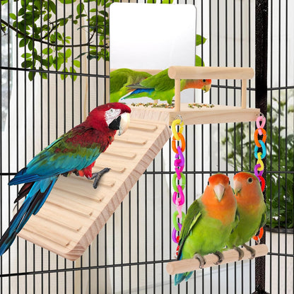 KyoukiBird Perch Platform Bird Toys with Bird Mirror Climbing Ladder Swing, Parakeet Cage Accessories - for Cockatiels, Lovebirds, Budgies,Pacific Parrotlets,Finch,Canaries - Wooden Play Gym