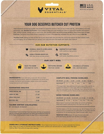 Vital Essentials Freeze-Dried Raw Duck Meal or Mixer Dog Food Soft Nibs | 99% Duck, Organs & Bone | 14 oz