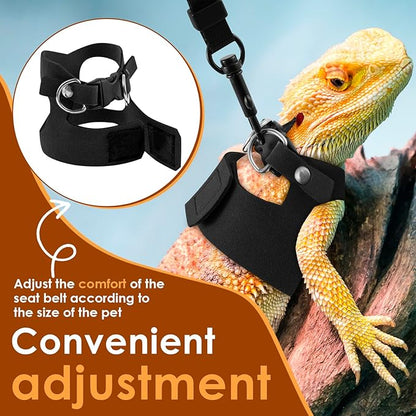 3 Pcs Bearded Dragon Harness and Leash Set, 3 Sizes Adjustable Soft Leather Lizard Harness with Leash, Small Animal Traction Rope Training Walking Vest for Bearded Dragon Lizard Squirrel (Black、)