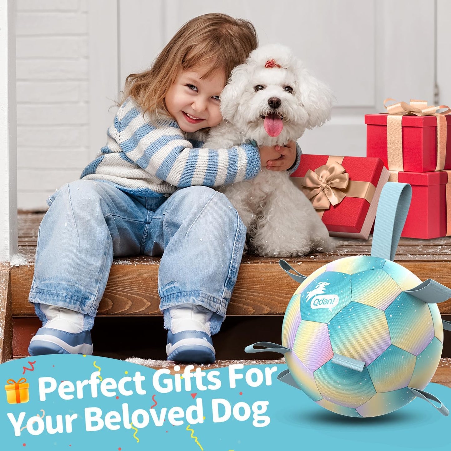 QDAN Dog Balls: Dog Soccer Ball with Straps, Herding Ball for Dogs, Outdoor Toys Interactive Toys for Large Dogs, Pet Birthday Gifts,Gradient Blue (8 Inch)