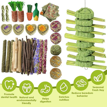 53pcs Rabbit Chew,Rabbit Enrichment Toys from Various Natural Ingredients Such as Apple Wood, Carrots, and Timothy Grass, Suitable for Small Pets Such as Hamsters Totor Guinea Pigs