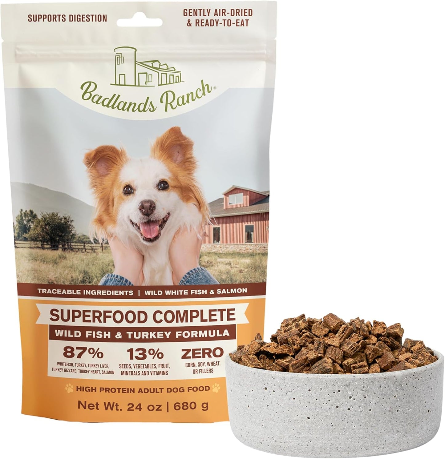 BADLANDS RANCH- Superfood Complete, Air-Dried Adult Dog Food - High Protein, Zero Fillers, Superfood Nutrition by Katherine Heigl (24 oz. Wild Fish and Turkey Formula)