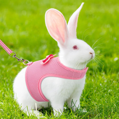 AIITLE Adjustable Rabbit Harness with Cute Bow - Breathable Vest, Anti-Escape Buckles, Reflective Leash for Training, Parties - Fits Rabbits, Hamsters, Mini Pets Pink L