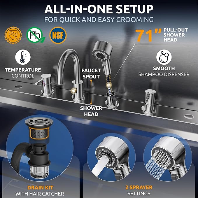 KANIS Professional Dog Washing Station - 304 Stainless Steel Pet Wash Sink & Grooming Bathtub w/Shower, Floor Grates and Storage for Large, Medium & Small Pets (50", 2 Drawers - Right Ramp)