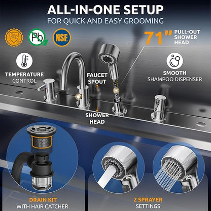 KANIS Professional Dog Washing Station - 304 Stainless Steel Pet Wash Sink & Grooming Bathtub w/Shower, Floor Grates and Storage for Large, Medium & Small Pets (40", 1 Drawer - Right Ramp)