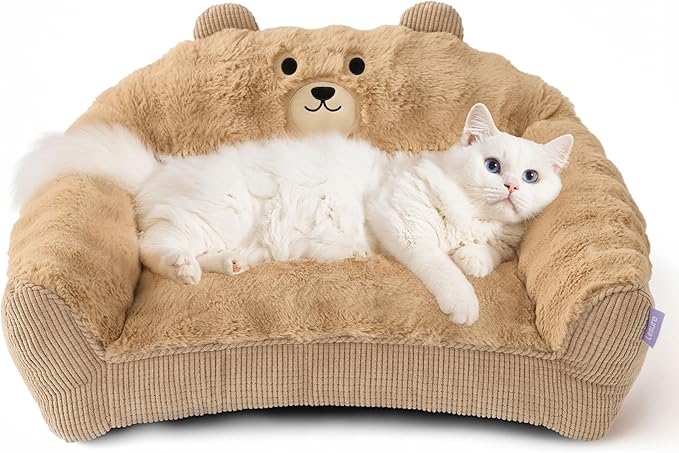 LE SURE Cute Cat Couch for Pets - Fluffy Original Bear Design Cat Beds for Indoor Cats, Fuzzy Cats Sofa with Removable Washable Cover, Supportive Pet Chair, 24inch, Almond