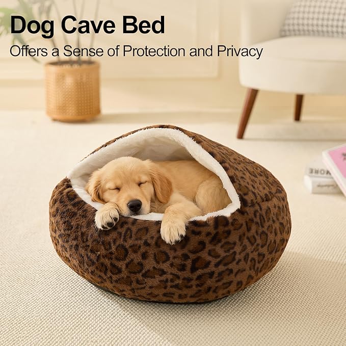 Calming Dog Beds & Cat Cave Bed with Hooded Cover,Removable Washable Round Beds for Small Medium Pets,Anti-Slip Faux Fur Fluffy Coved Bed for Improved Sleep,Fits up to 15/25 lbs(Leopard Print,M)